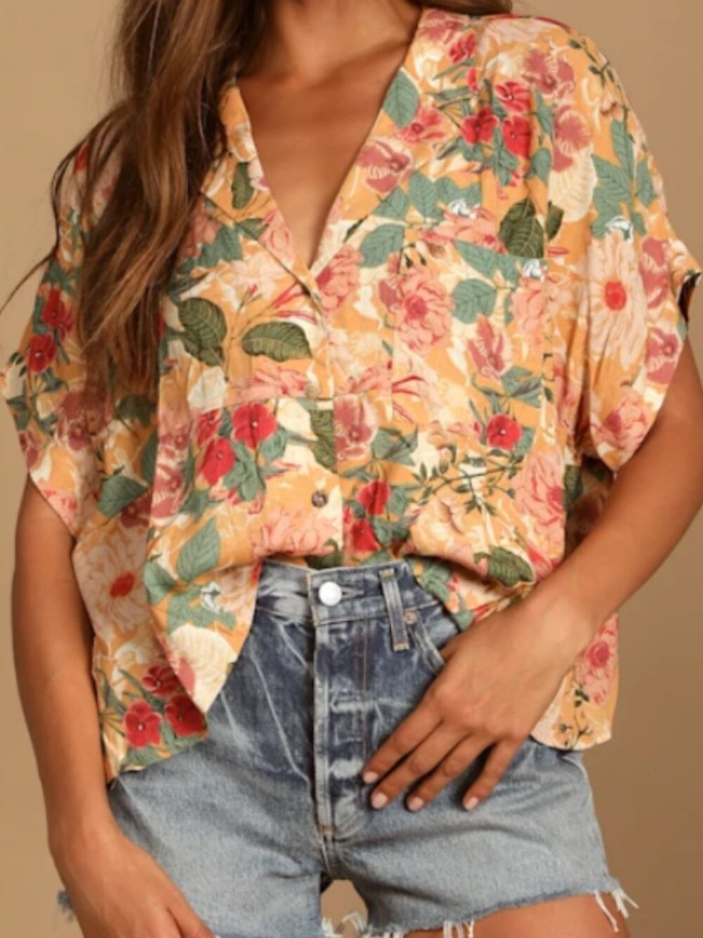 Never Worn! - Floral Print Button-Up Short Sleeve Top